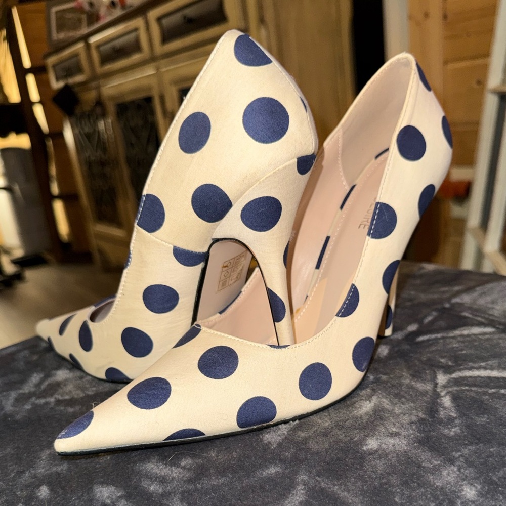 Public Desire Cream and Blue Polka Dot Heels